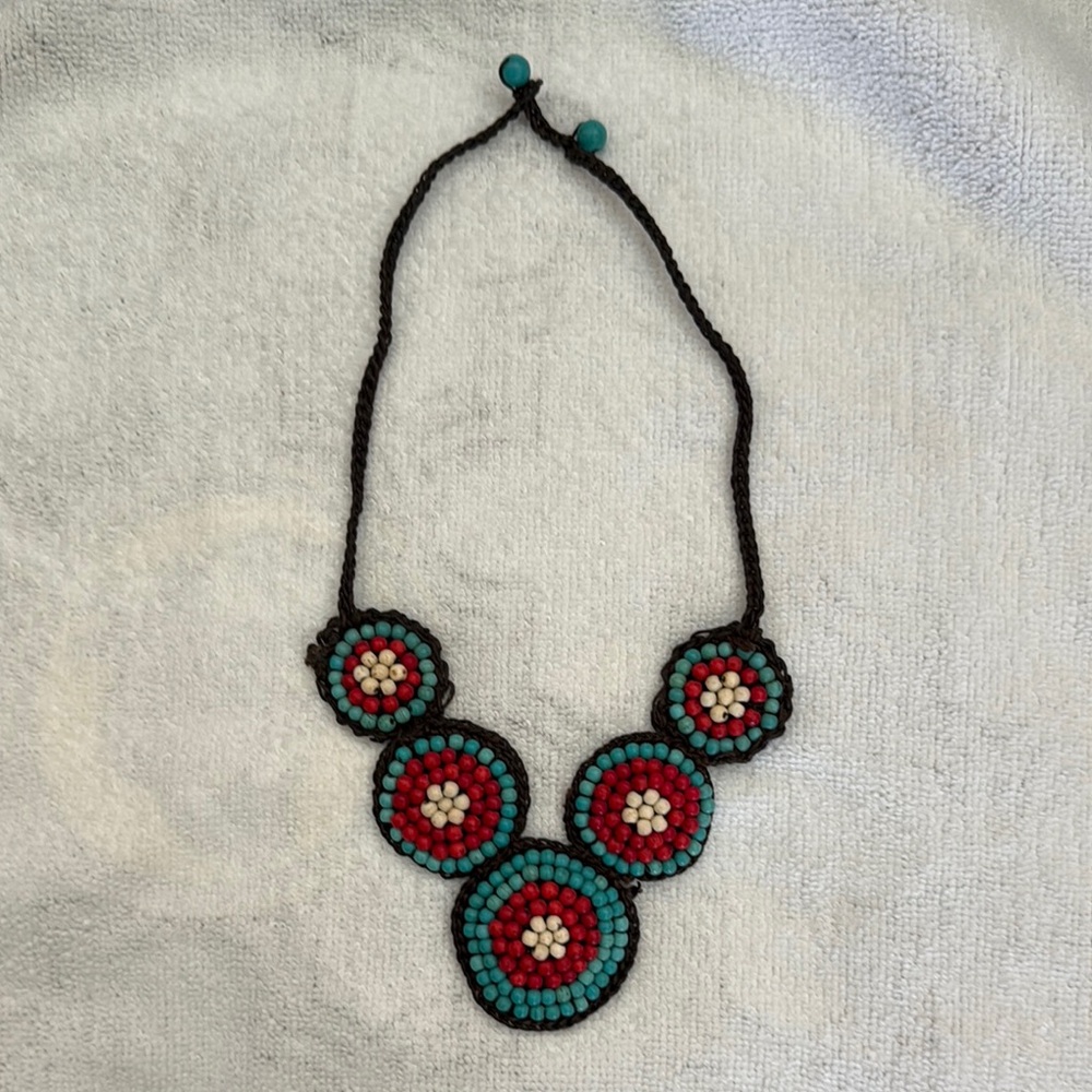 Handcrafted Beaded Necklace - Red and Turquoise